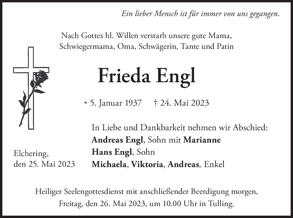  Traueranzeige für Frieda Engl vom 25.05.2023 aus merkurtz