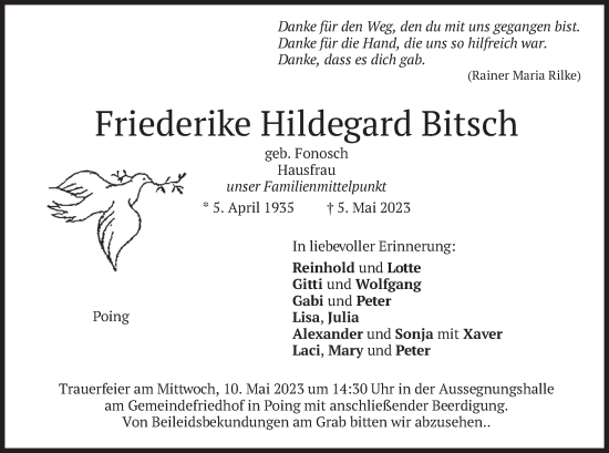 Traueranzeige von Friederike Hildegard Bitsch von merkurtz