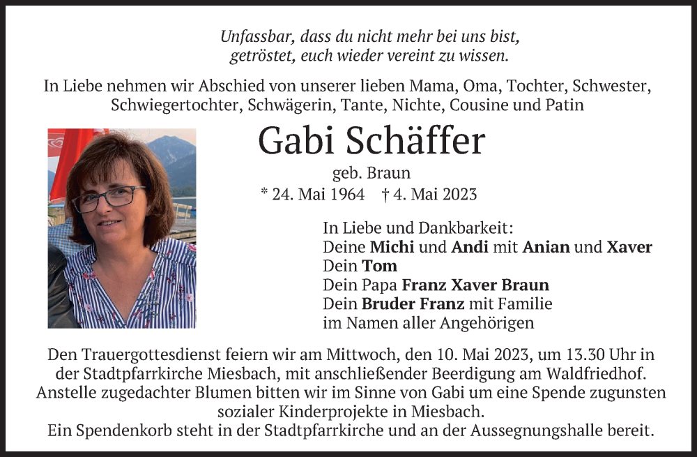  Traueranzeige für Gabi Schäffer vom 06.05.2023 aus merkurtz