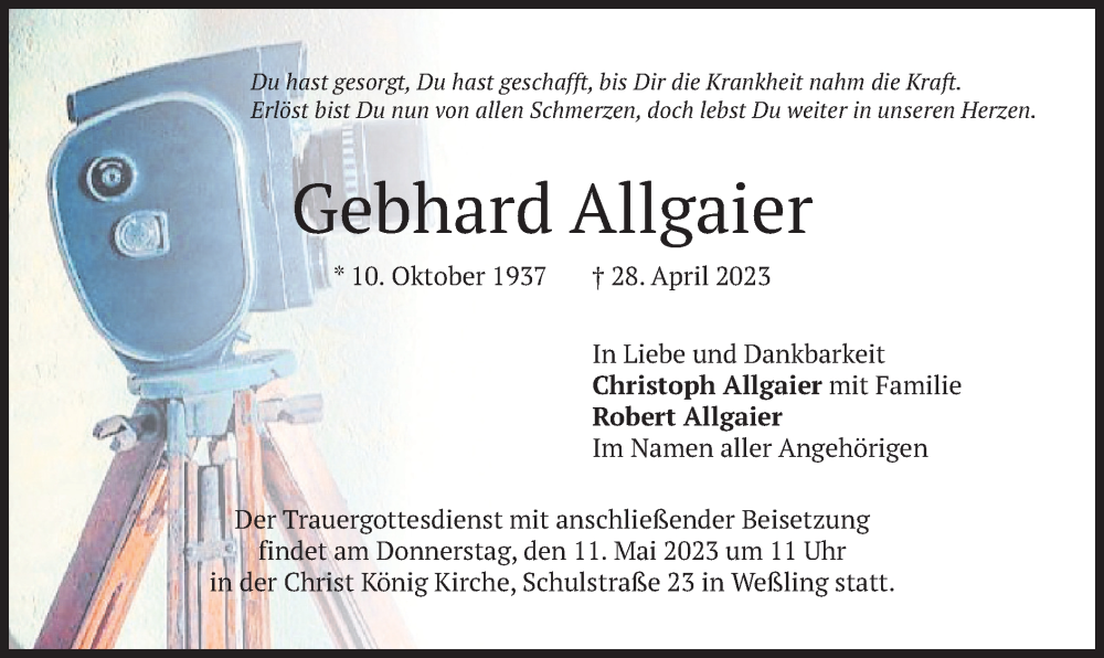  Traueranzeige für Gebhard Allgaier vom 06.05.2023 aus merkurtz
