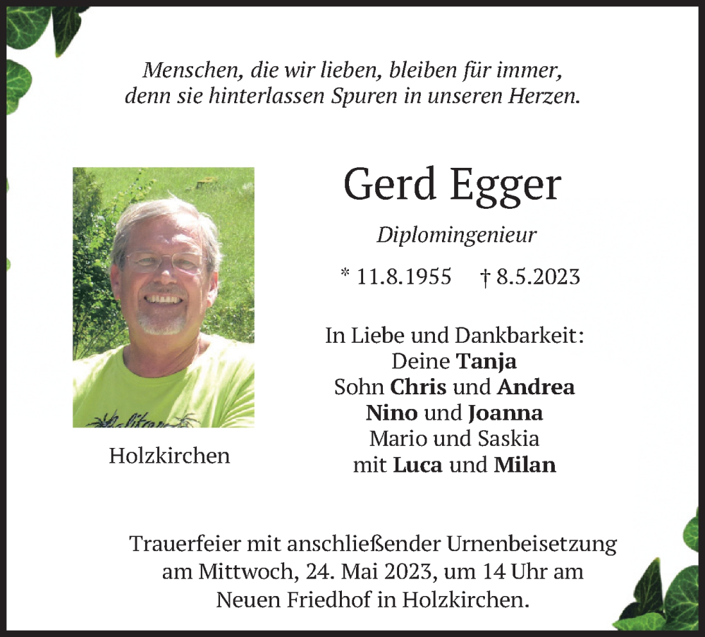  Traueranzeige für Gerd Egger vom 20.05.2023 aus merkurtz