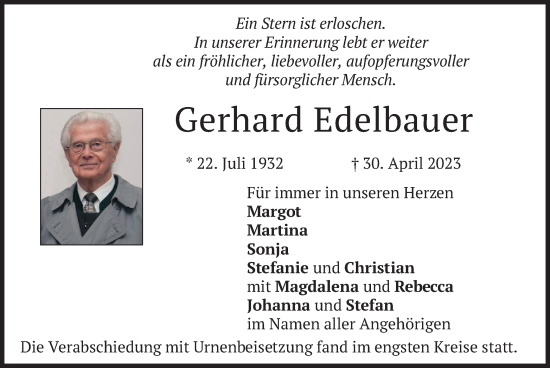 Traueranzeige von Gerhard Edelbauer von merkurtz