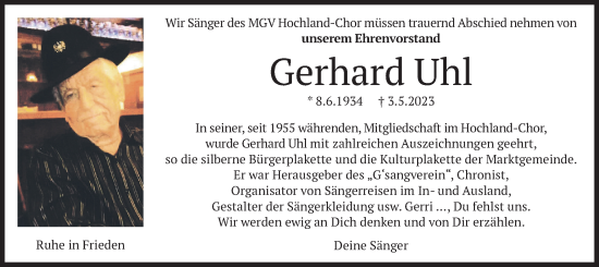 Traueranzeige von Gerhard Uhl von merkurtz