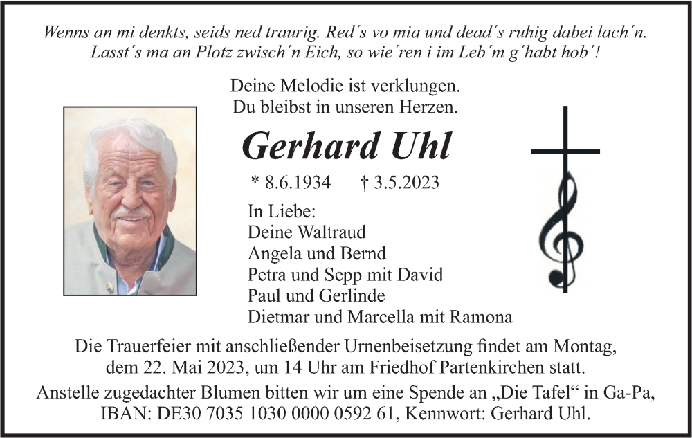  Traueranzeige für Gerhard Uhl vom 13.05.2023 aus merkurtz