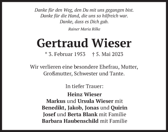 Traueranzeige von Gertraud Wieser von merkurtz