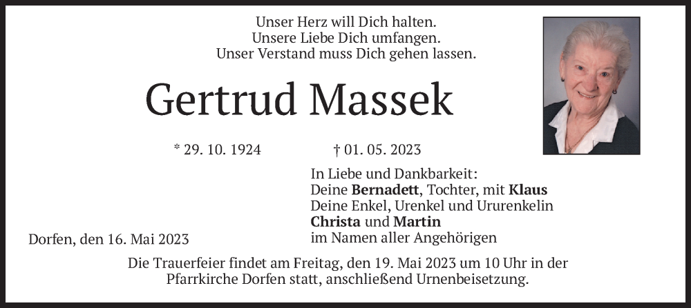  Traueranzeige für Gertrud Massek vom 16.05.2023 aus merkurtz