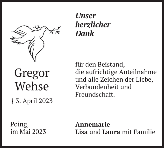 Traueranzeige von Gregor Wehse von merkurtz