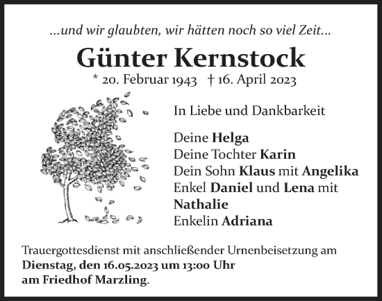 Traueranzeige von Günter Kernstock von merkurtz