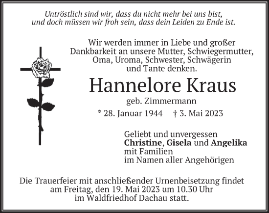 Traueranzeige von Hannelore Kraus von merkurtz