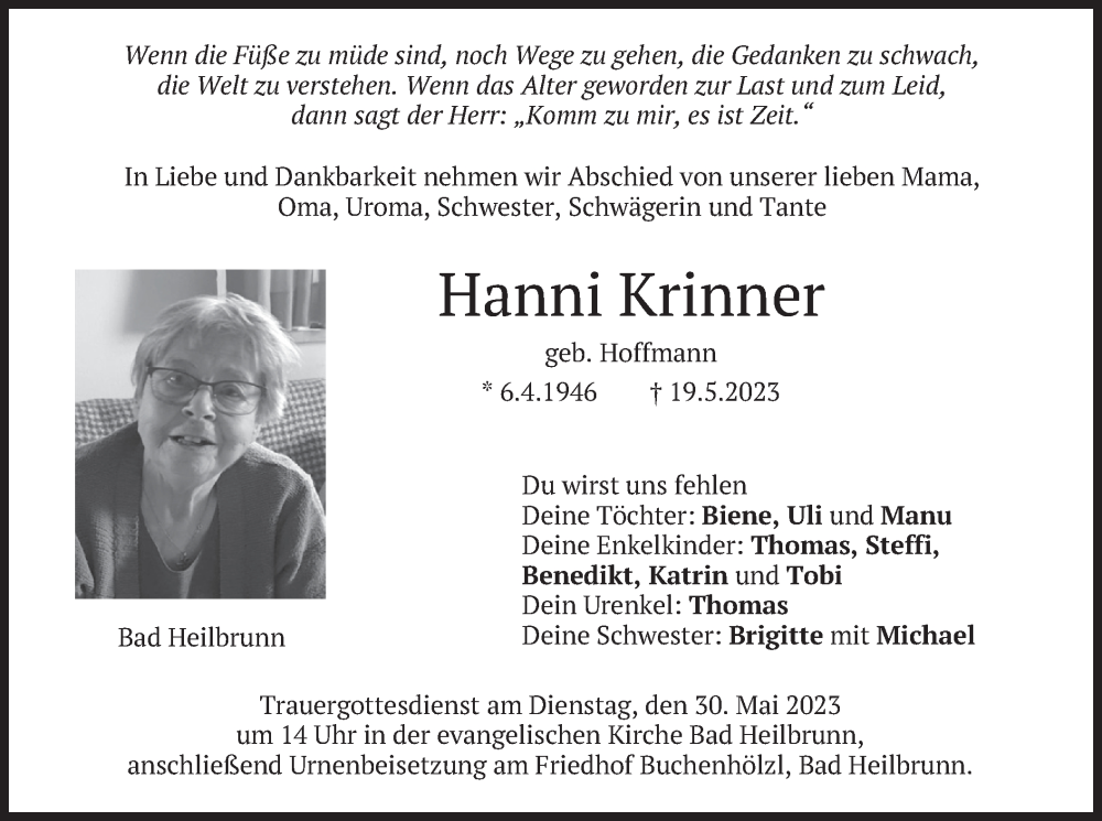  Traueranzeige für Hanni Krinner vom 26.05.2023 aus merkurtz