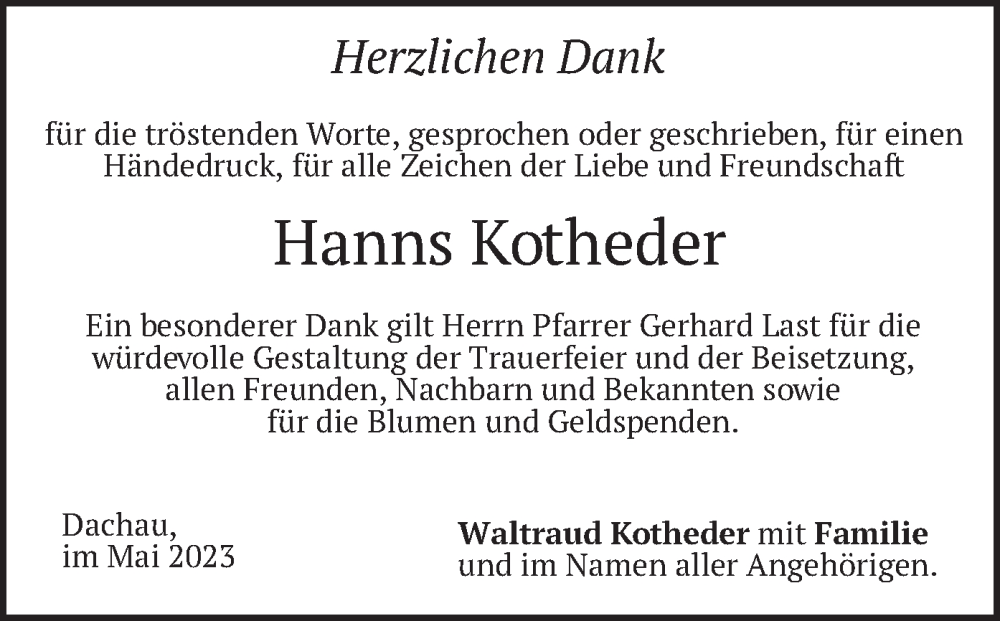  Traueranzeige für Hanns Kotheder vom 13.05.2023 aus merkurtz