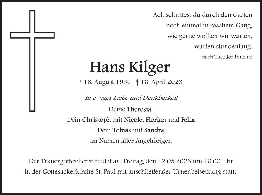  Traueranzeige für Hans Kilger vom 06.05.2023 aus merkurtz