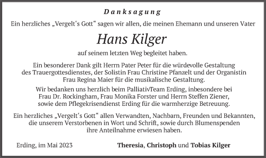 Traueranzeige von Hans Kilger von merkurtz