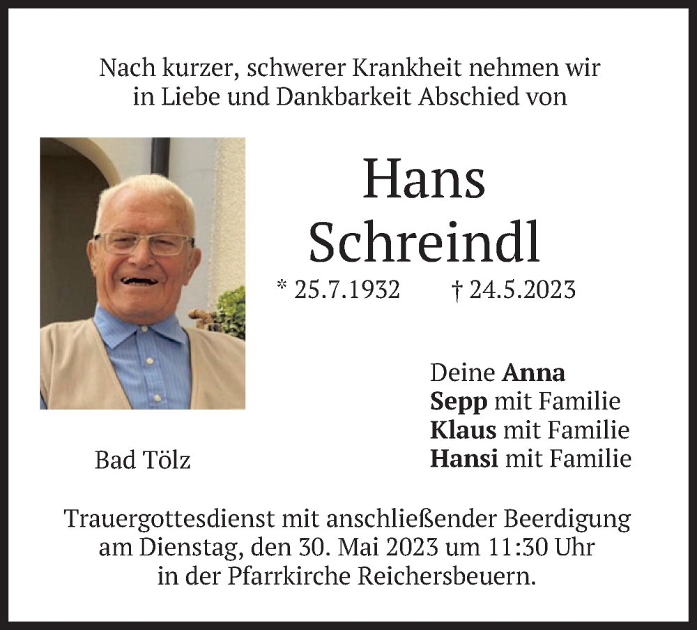  Traueranzeige für Hans Schreindl vom 26.05.2023 aus merkurtz