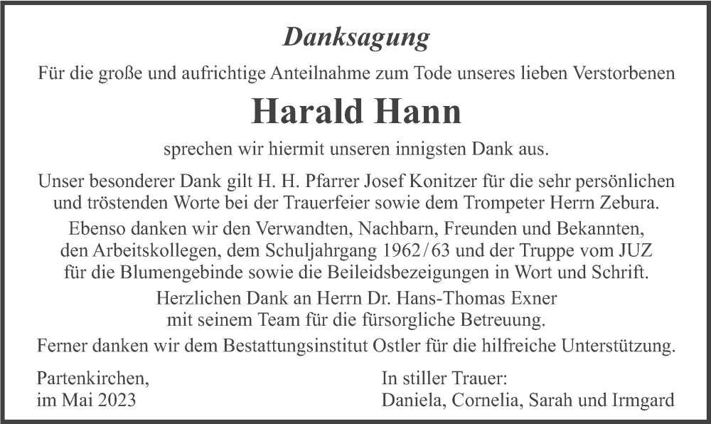  Traueranzeige für Harald Hann vom 20.05.2023 aus merkurtz
