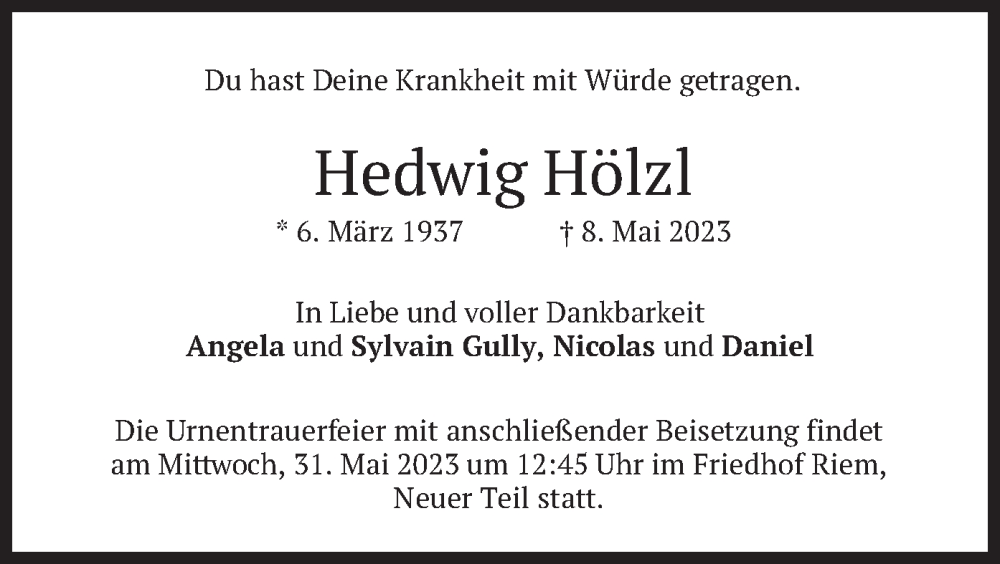  Traueranzeige für Hedwig Hölzl vom 27.05.2023 aus merkurtz