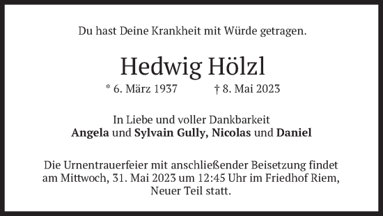 Traueranzeige von Hedwig Hölzl von merkurtz