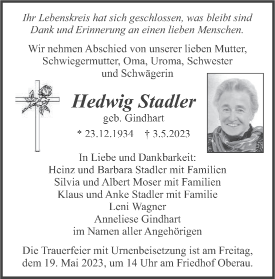 Traueranzeige von Hedwig Stadler von merkurtz
