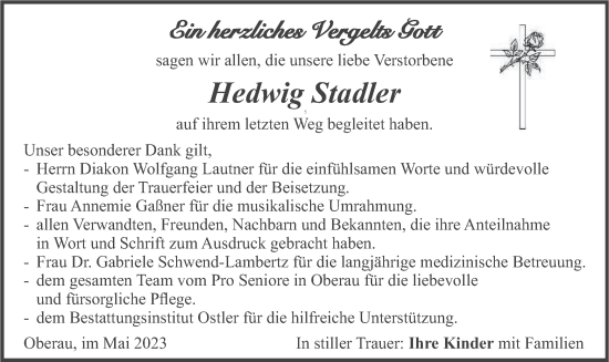 Traueranzeige von Hedwig Stadler von merkurtz