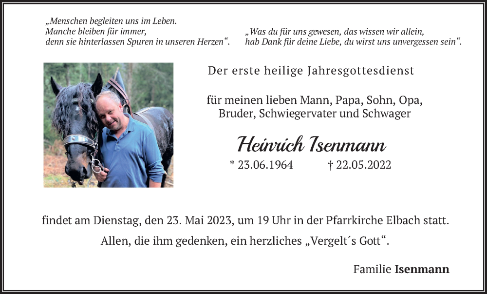  Traueranzeige für Heinrich Isenmann vom 20.05.2023 aus merkurtz
