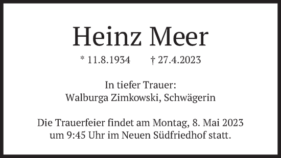 Traueranzeige von Heinz Meer von merkurtz