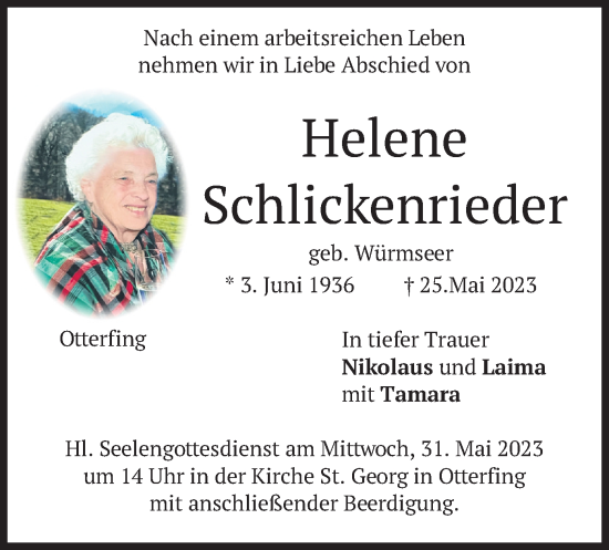 Traueranzeige von Helene Schlickenrieder von merkurtz