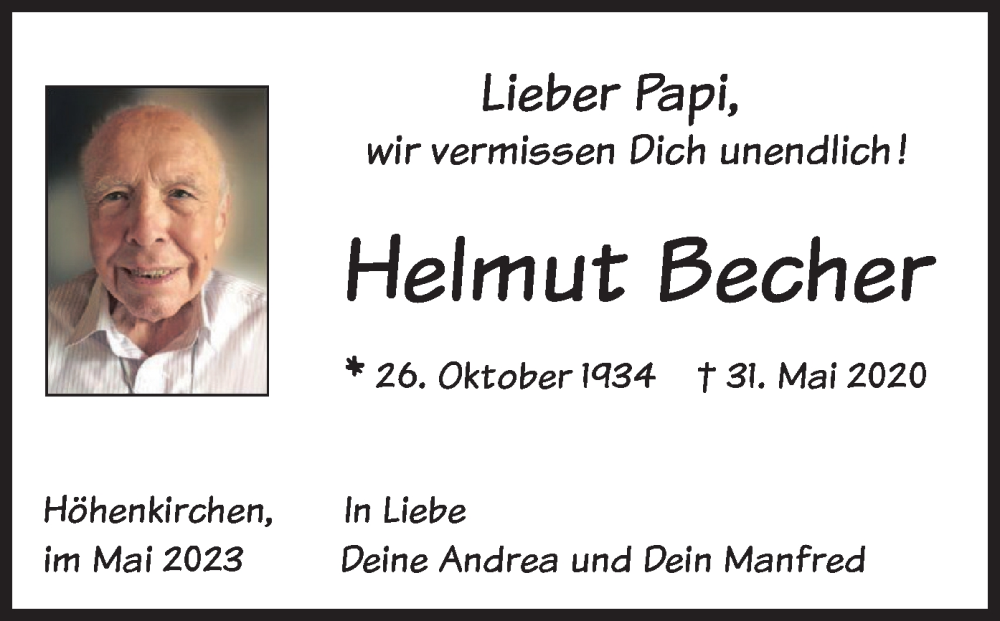  Traueranzeige für Helmut Becher vom 31.05.2023 aus merkurtz