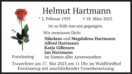 Traueranzeige von Helmut Hartmann von merkurtz