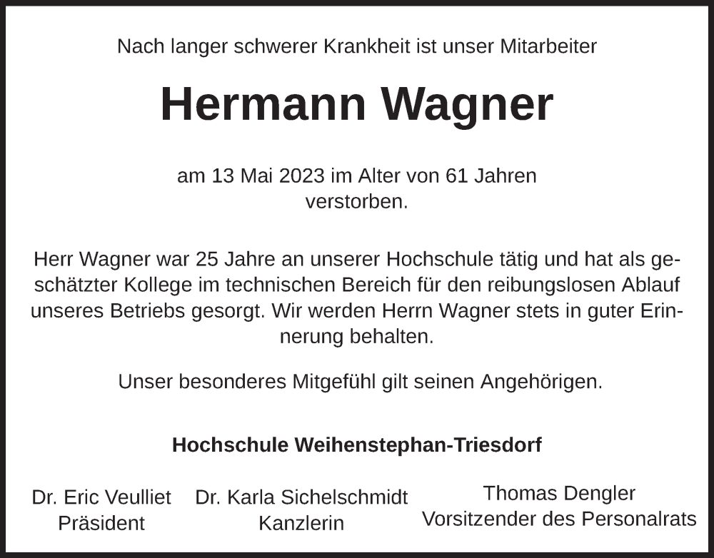  Traueranzeige für Hermann Wagner vom 20.05.2023 aus merkurtz