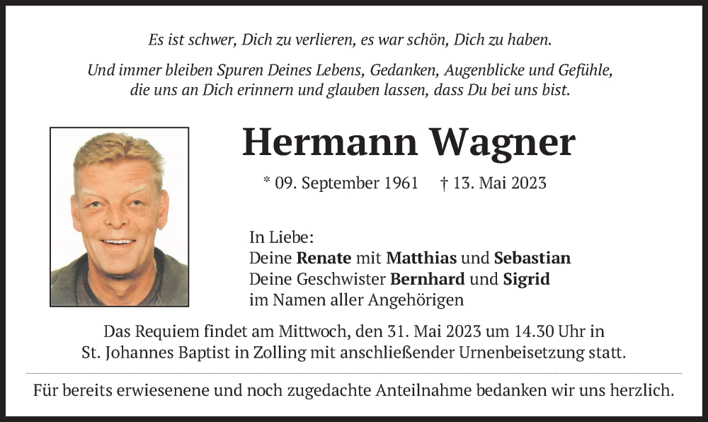  Traueranzeige für Hermann Wagner vom 27.05.2023 aus merkurtz