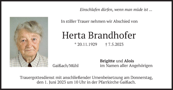 Traueranzeige von Herta Brandhofer von merkurtz