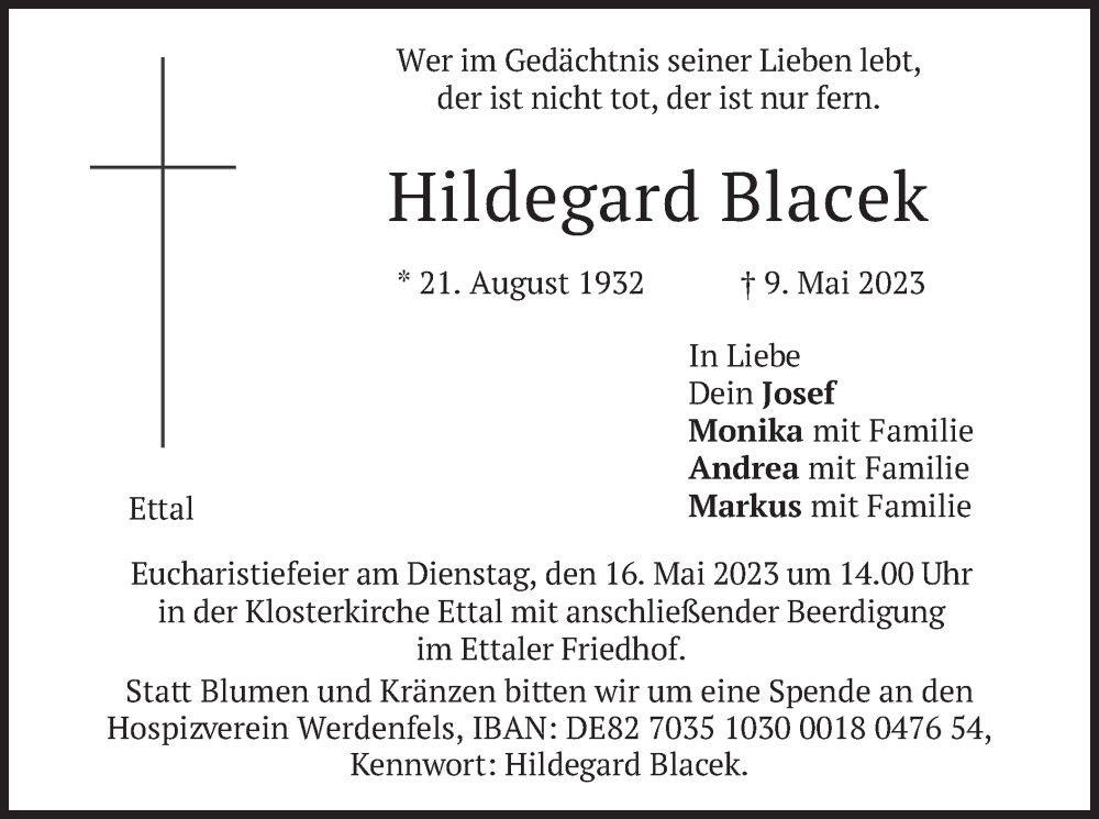  Traueranzeige für Hildegard Blacek vom 13.05.2023 aus merkurtz