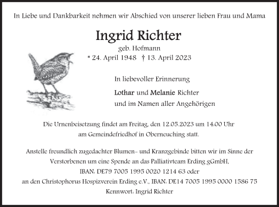 Traueranzeige von Ingrid Richter von merkurtz