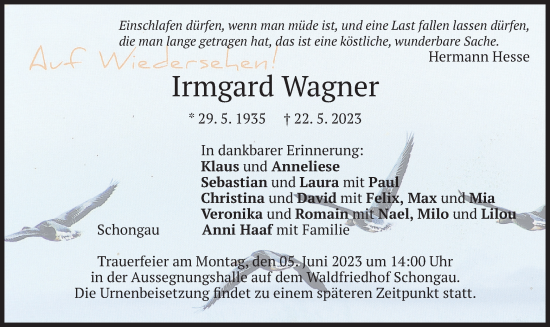 Traueranzeige von Irmgard Wagner von merkurtz