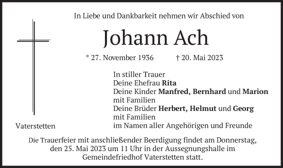 Traueranzeige von Johann Ach von merkurtz