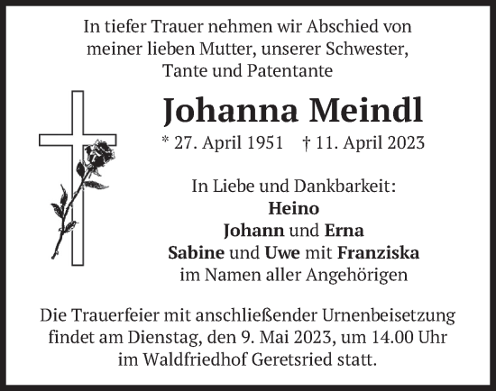 Traueranzeige von Johanna Meindl von merkurtz