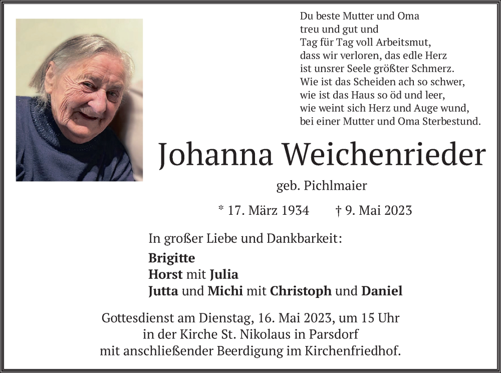  Traueranzeige für Johanna Weichenrieder vom 13.05.2023 aus merkurtz