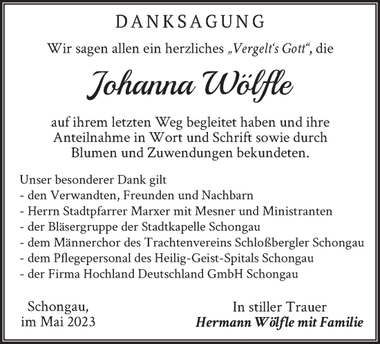 Traueranzeige von Johanna Wölfle von merkurtz