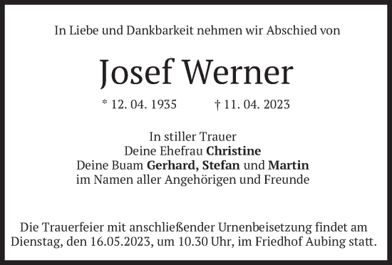 Traueranzeige von Josef Werner von merkurtz