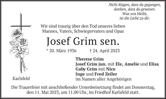Traueranzeige von Josef Grim  von merkurtz