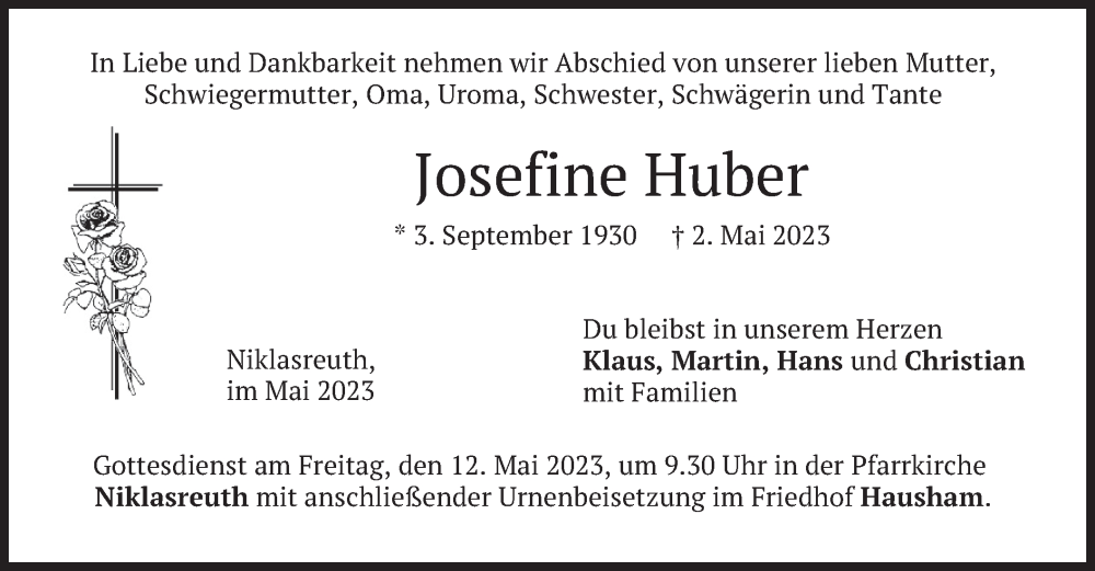  Traueranzeige für Josefine Huber vom 09.05.2023 aus merkurtz