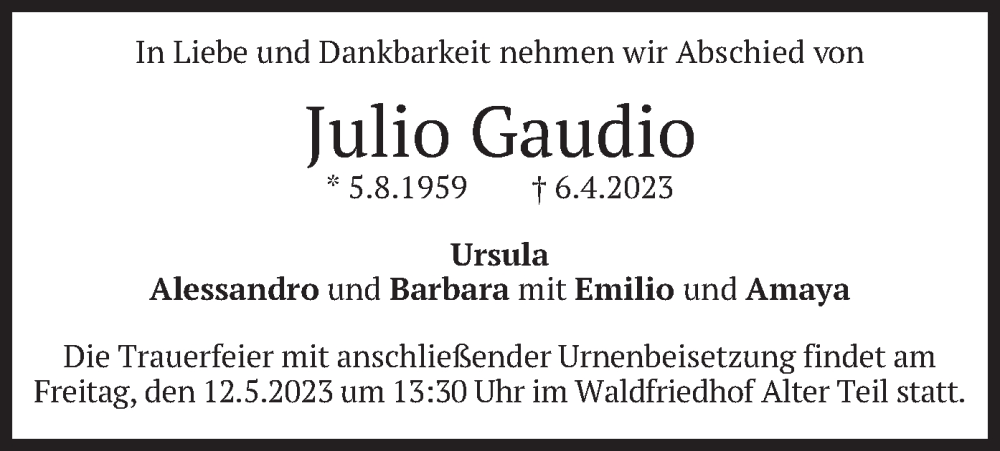  Traueranzeige für Julio Gaudio vom 06.05.2023 aus merkurtz
