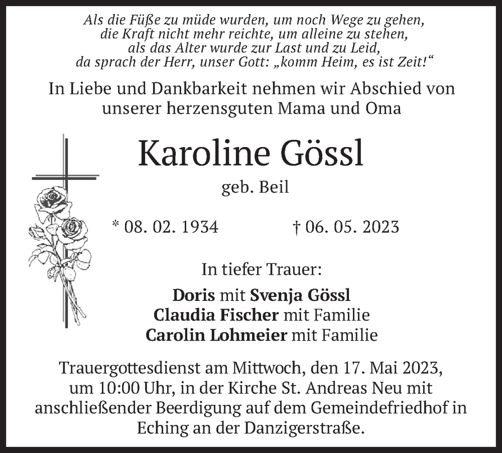  Traueranzeige für Karoline Gössl vom 13.05.2023 aus merkurtz