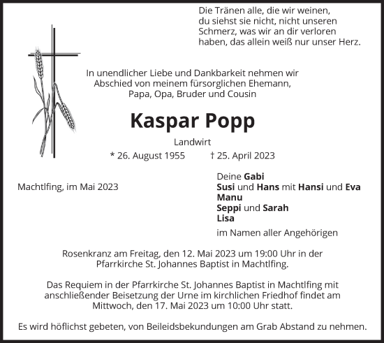Traueranzeige von Kaspar Popp von merkurtz