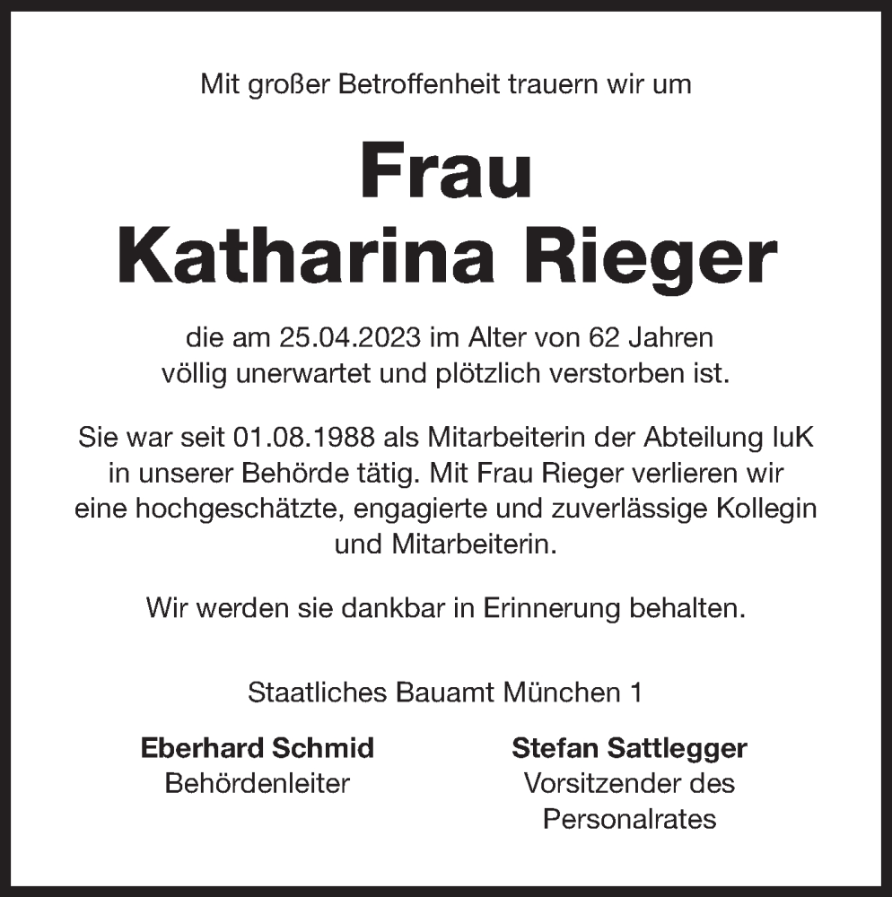  Traueranzeige für Katharina Rieger vom 13.05.2023 aus merkurtz