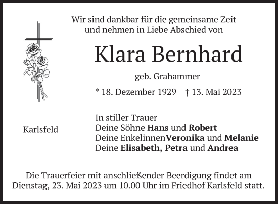 Traueranzeige von Klara Bernhard von merkurtz