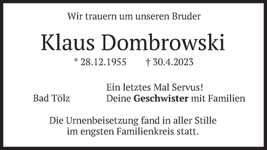 Traueranzeige von Klaus Dombrowski von merkurtz