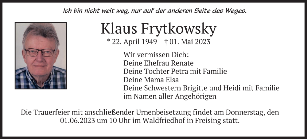  Traueranzeige für Klaus Frytkowsky vom 27.05.2023 aus merkurtz