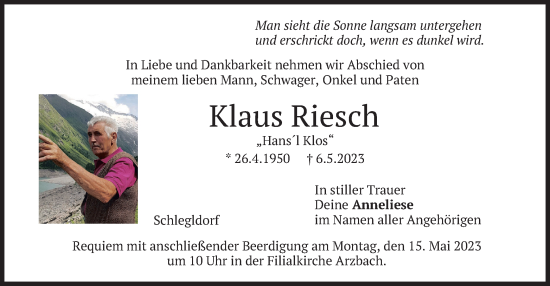 Traueranzeige von Klaus Riesch von merkurtz