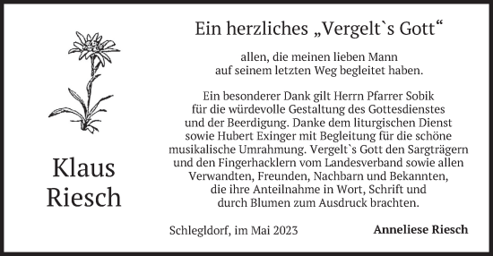 Traueranzeige von Klaus Riesch von merkurtz
